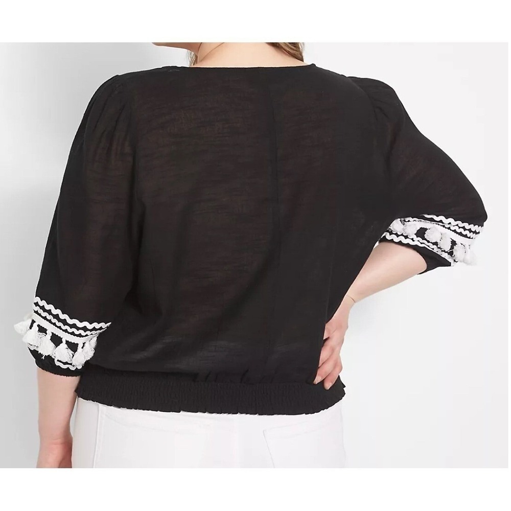 Lane Bryant Black Embroidered Tassel Blouse Size 20 V Neck NWT Boho Fringe - Picture 2 of 9